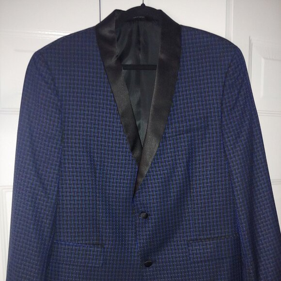 Tuxedo Jacket - Sz 42 - Navy checkered blue / black lapel - Bar 111 - Slim - Picture 2 of 14